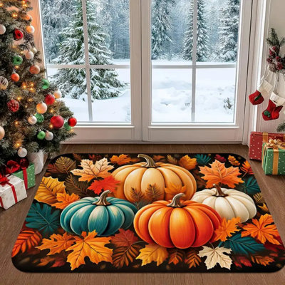 1Pc Large Rectangular Autumn Harvest Pumpkin & Leaf Welcome Mat - Beige/Brown/Teal/Black/Golden Fall Mat With Non-Slip Rubber Backing, Machine-Washable (Hand Wash) Mat For Porch, Front Door, Thanksgiving & Halloween Decorations（23.6*35.4 Inches)