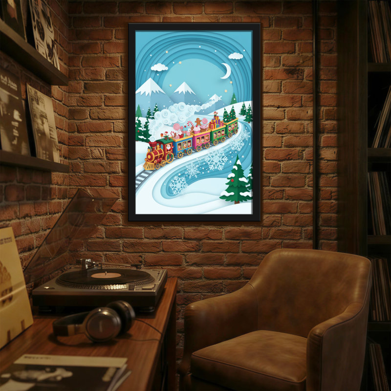 Noël train de Noël paysage d'hiver montagnes enneigées arbres étoiles lune, H 24 po x l 16 po