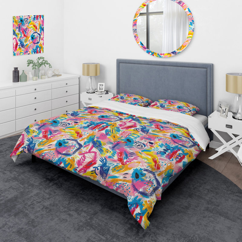 Ensemble de housse de couette abstrait rose et bleu, Housse de couette très grand + 2 taies décorativ