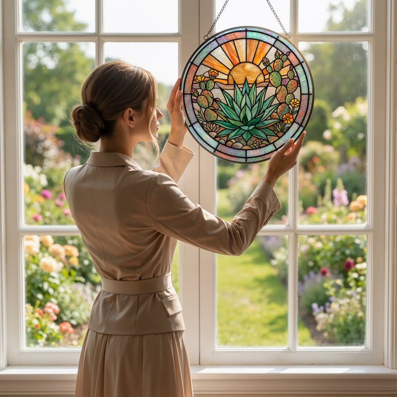Desert Sunlight Stained Glass Window Panel，7.8H, 7.8"H