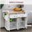 White mobile kitchen island with rubberwood top, spice rack, towel rack, and drawer, suitable for restaurant-703831185