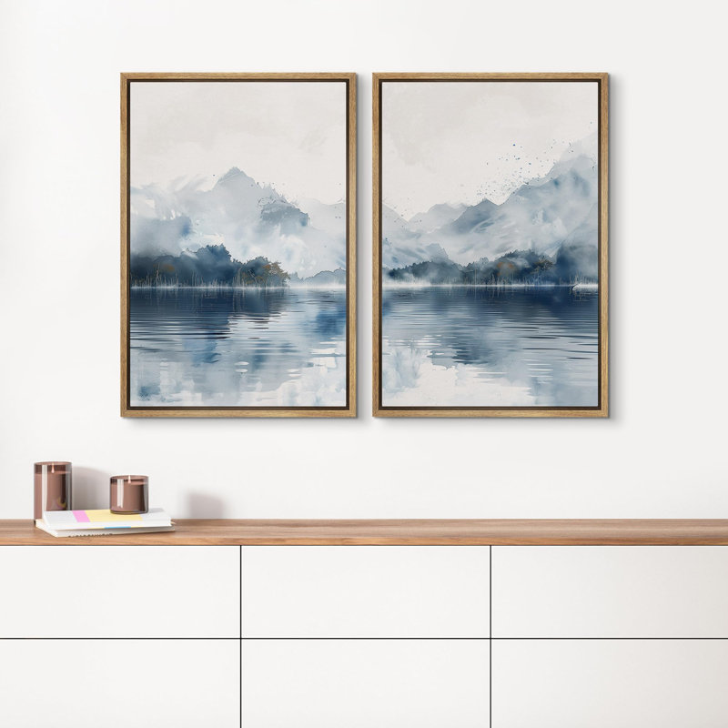 Lac et montagne, paysage serein, aquarelle, paysage, blues, illustrations, moderne, détente, calme, H 24 po x l 16 po