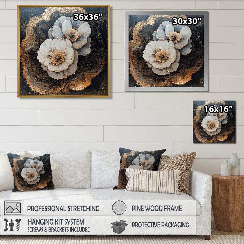 Abstrait pivoines de Goldern sur bois foncé, diapositive IV - pivoines, art mural, Impression encadrée flottante, Brun