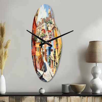 Colorful Mexico Colorful Guanajuato Fauvism - Mexico Curved Metal Wall Clock, Traditional Asymmetrical Wall Clock Print