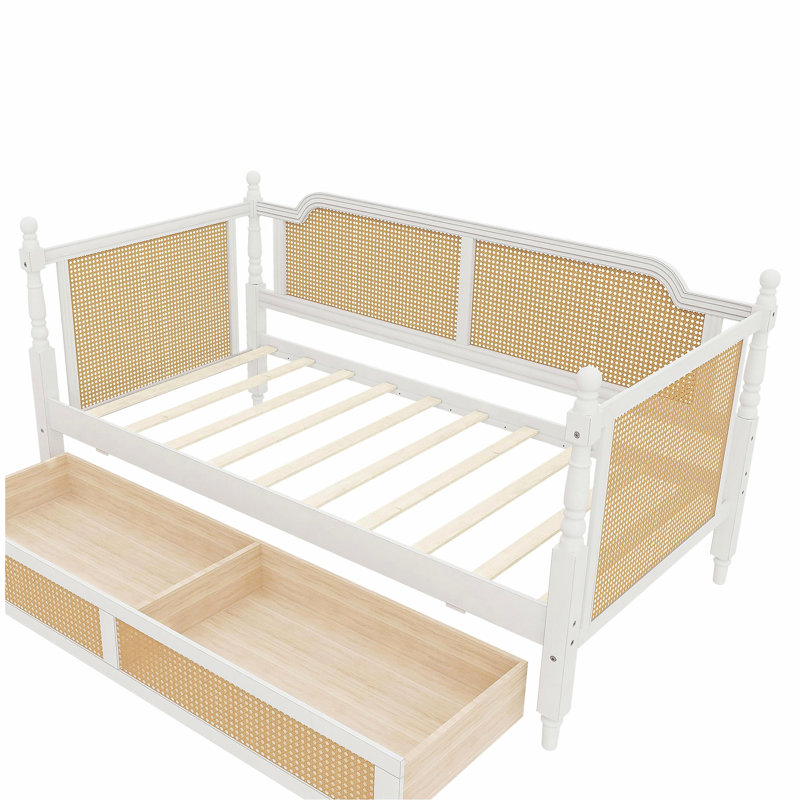 Traditional Style Rattan Twin Size Daybed with 2 Drawers for Limited Space, Guest Room, No Box Spring Needed,Antique White