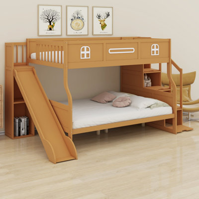 bunk bed with built-in slide and storage stairs boasts heavy-duty slats and wobble-free stability for busy households