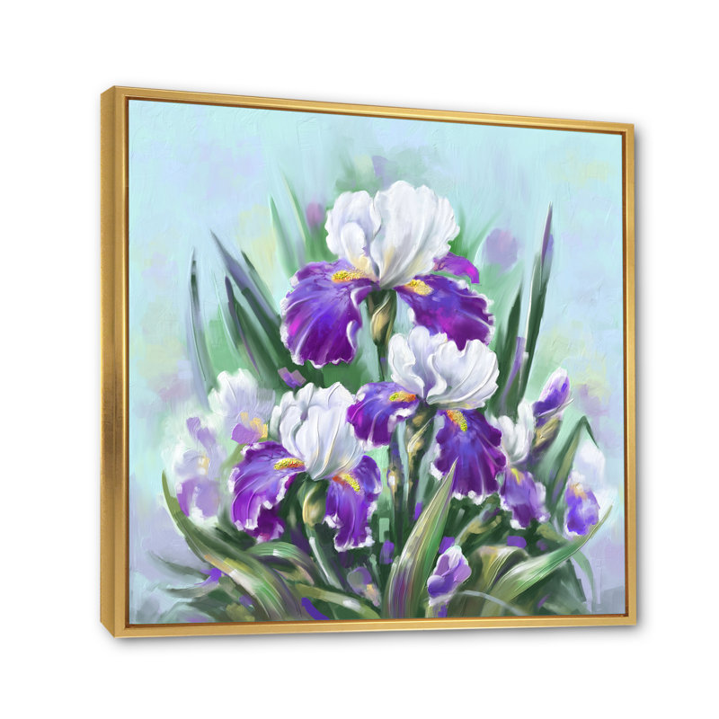 Fleurs et iris mauves en fleurs, H 36 po x l 36 po x P 1,5 po, Toile avec cadre flottant or