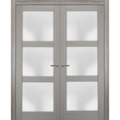 Portes doubles françaises massives en verre dépoli Lucia 2552, bois de frêne gingembre, cadre et garnitures en bois massif, portes robustes pour placard ou chambre à coucher, 60 po x 96 po (2 x 30 x 96 po)