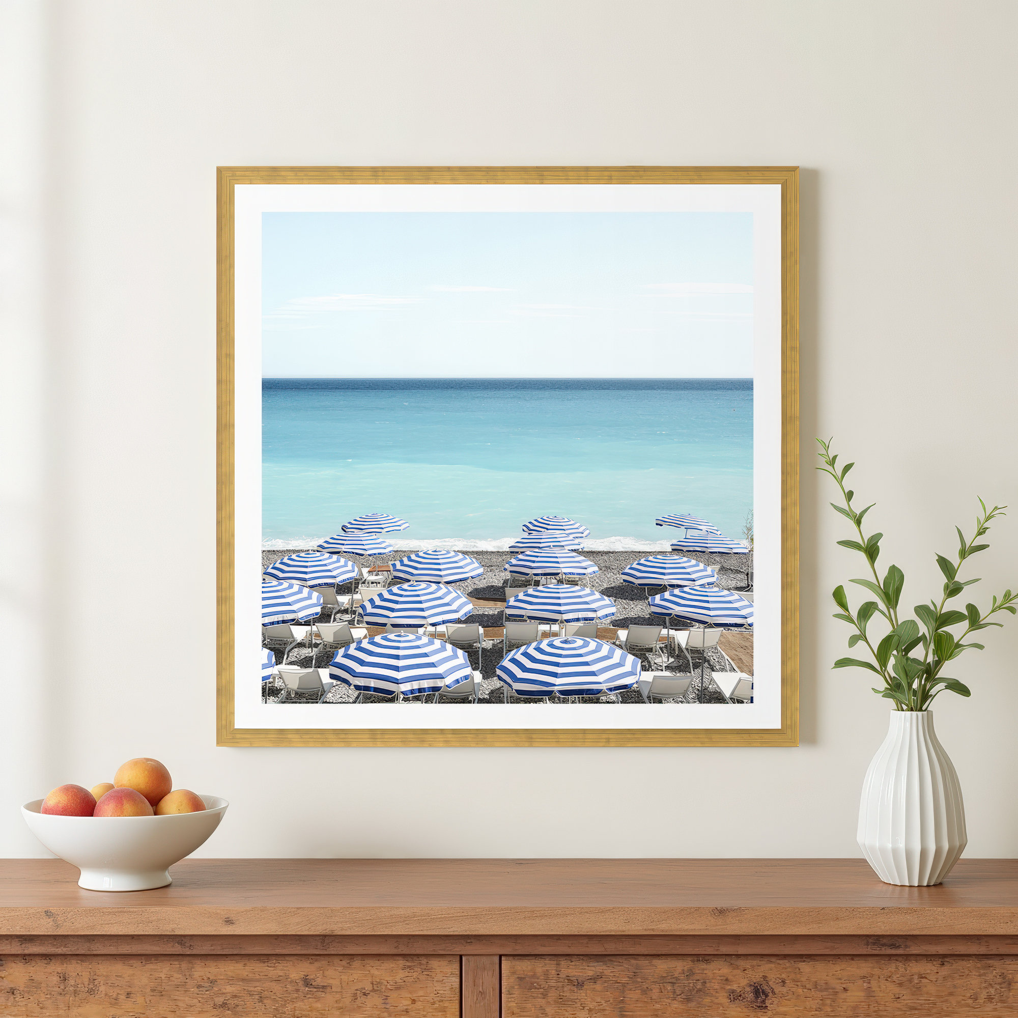 Blue Beach Umbrellas Photo by Henrike Schenk, 30" H x 30" W x 0.75" D, Yes, Gold Framed Paper