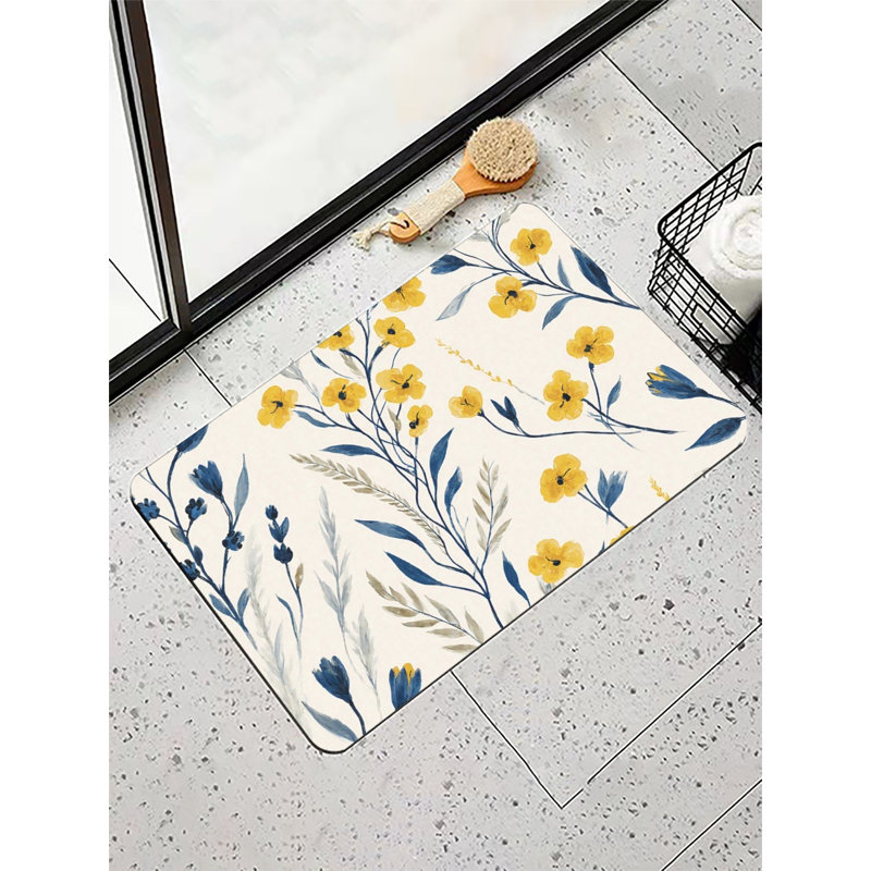 Élégant tapis de bain à motif floral jaune et bleu marine, 36 x 24