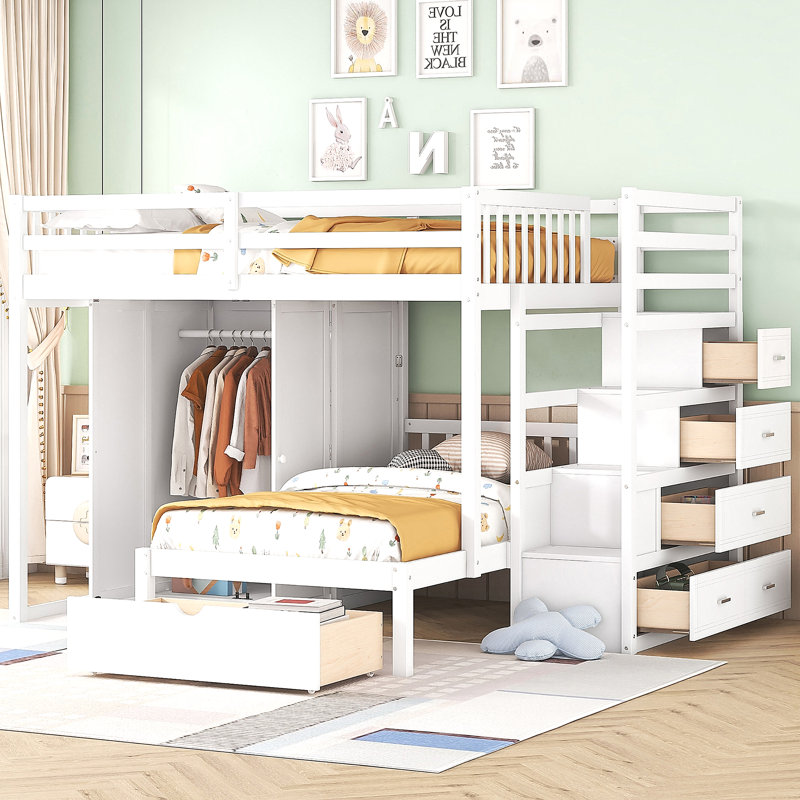 Lit superposé double au-dessus de simple avec garde-robe et tiroirs, Blanc