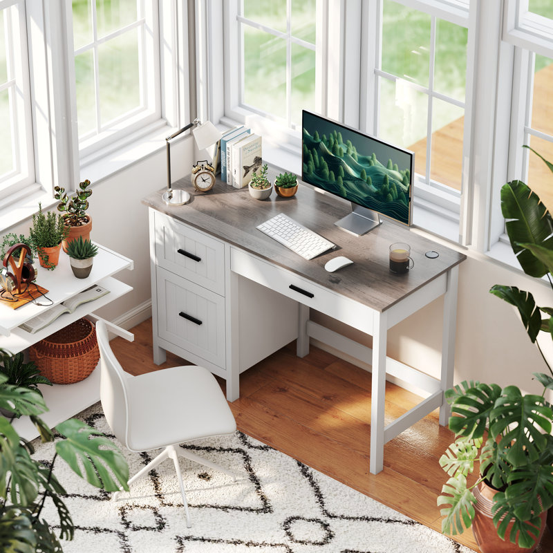 Bureau d'ordinateur à 3 tiroirs, bureau de maison de campagne, blanc
