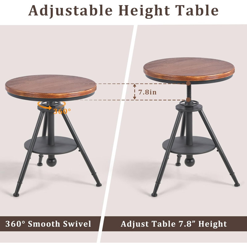 19.7" Round Pub Table Height Adjustable With 360 Swivel Solid Wood Tabletop For Dining Bistro Cafe Home Bar, Rustic Brown