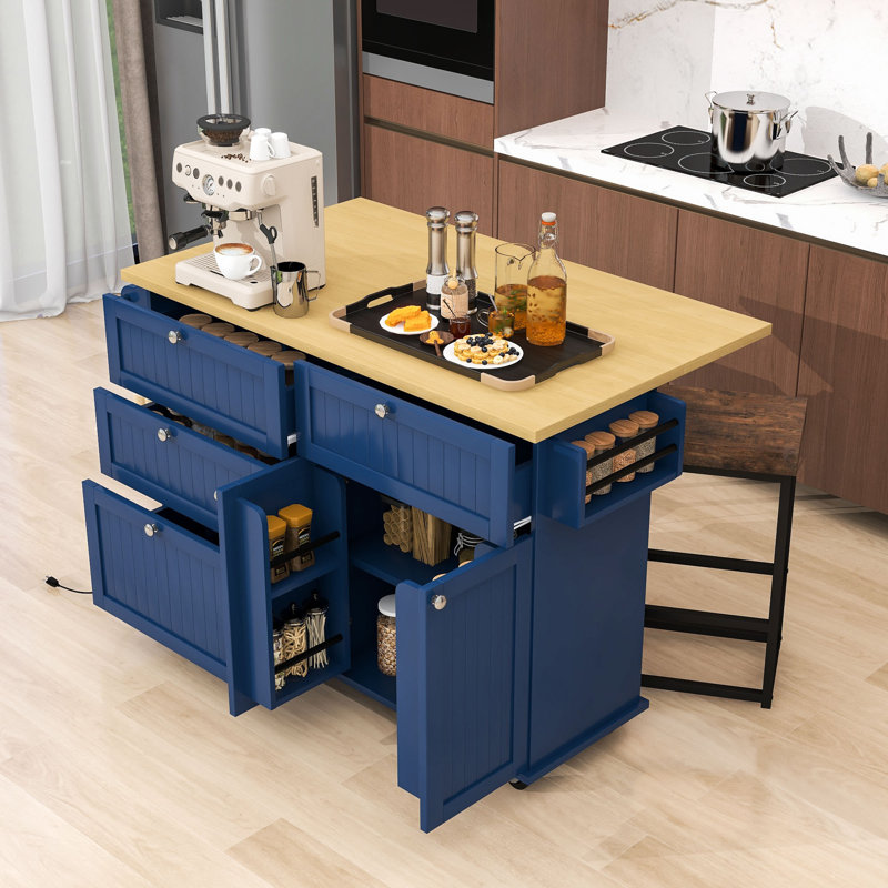 Îlot de cuisine Rosauro avec armoire de rangement, 4 tiroirs et porte-serviettes, Bleu