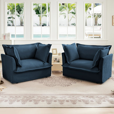 2 fauteuils avec sièges profonds - Tissu en chenille bleue, coussins moelleux pour la vie, la chambre à coucher, la lecture, la chaise de travail