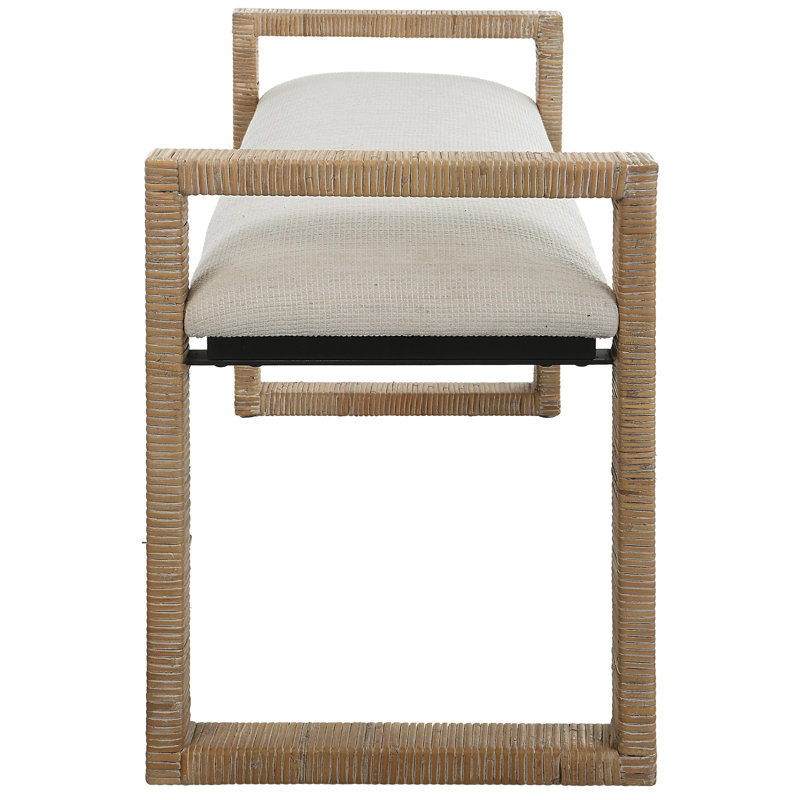 Oatmeal Upholstered Metal Sled Leg Bench with Rattan Frame