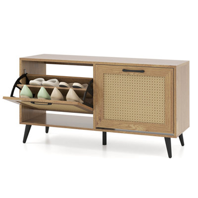 Rattan Shoe Storage Cabinet with 2 Flip Drawers Adjustable Shelves Solid Metal Legs Natural