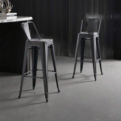 Industrial Metal Bar Stools Set of 2 - 30" Distressed Black Bucket Back Design for Indoor & Outdoor