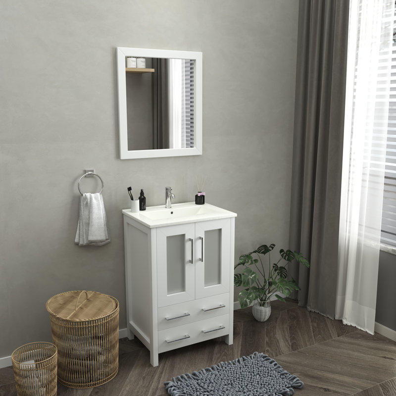 Ensemble de meuble-lavabo autoportant 24 po avec plateau en céramique et miroir assorti Brescia, Blanc