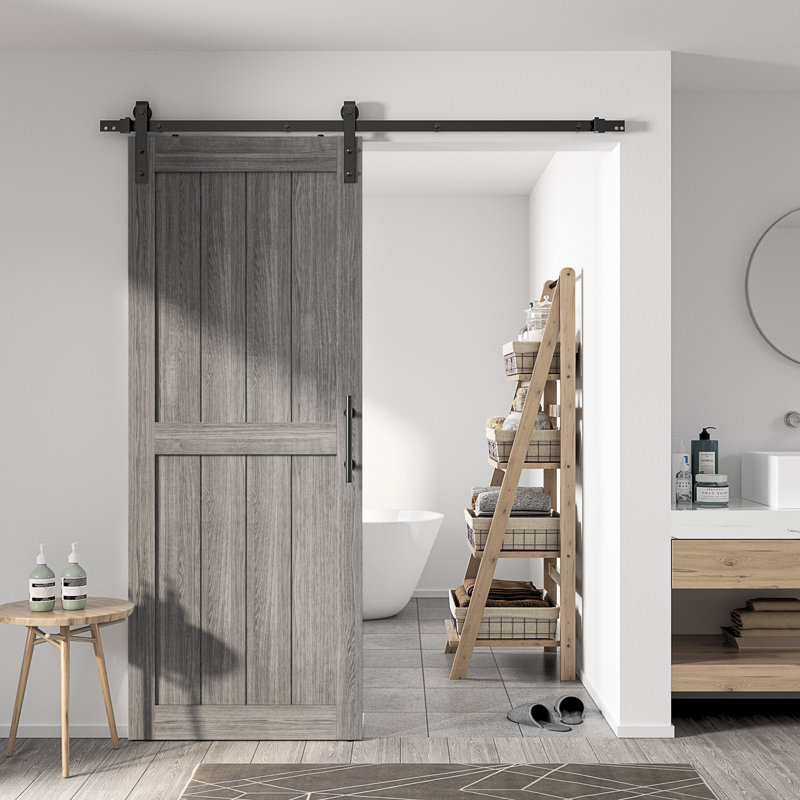 Porte de grange en bois manufacturé à panneaux en PVC avec trousse de quincaillerie, 32 po x 84 po, Gris