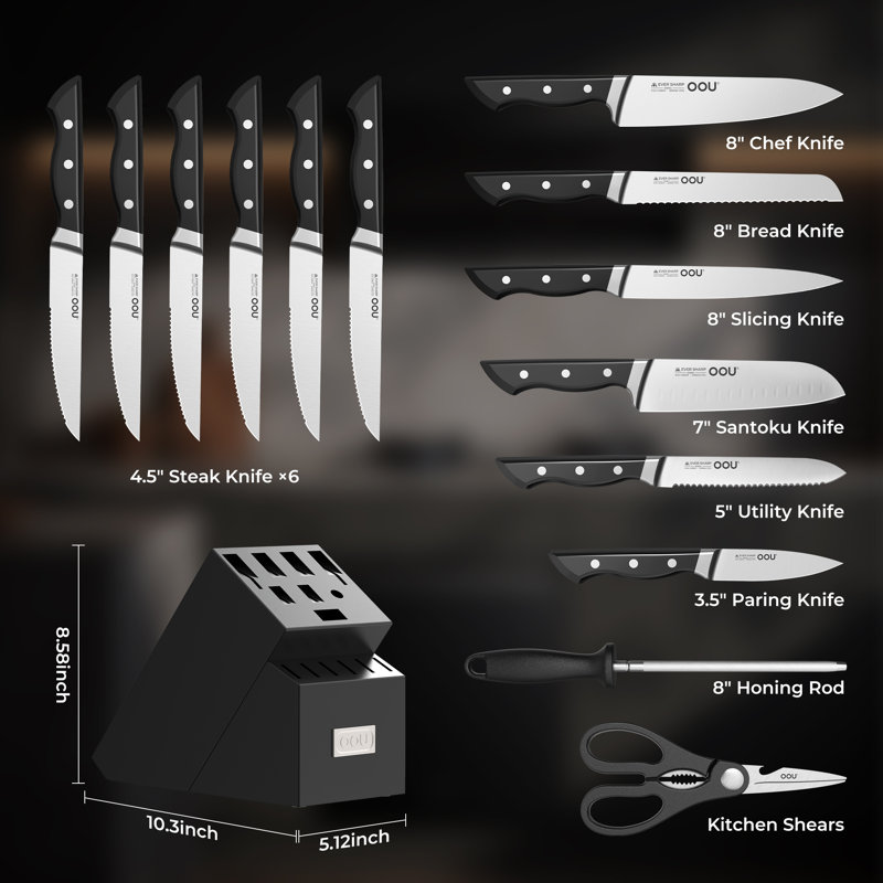 OOU 2026 Ever Sharp Series 15-Piece Ultra-Sharp Kitchen Knife Set - German High Carbon Steel Knife Set with Block - 12-15° Precision Edge & FSC Wood Stand 