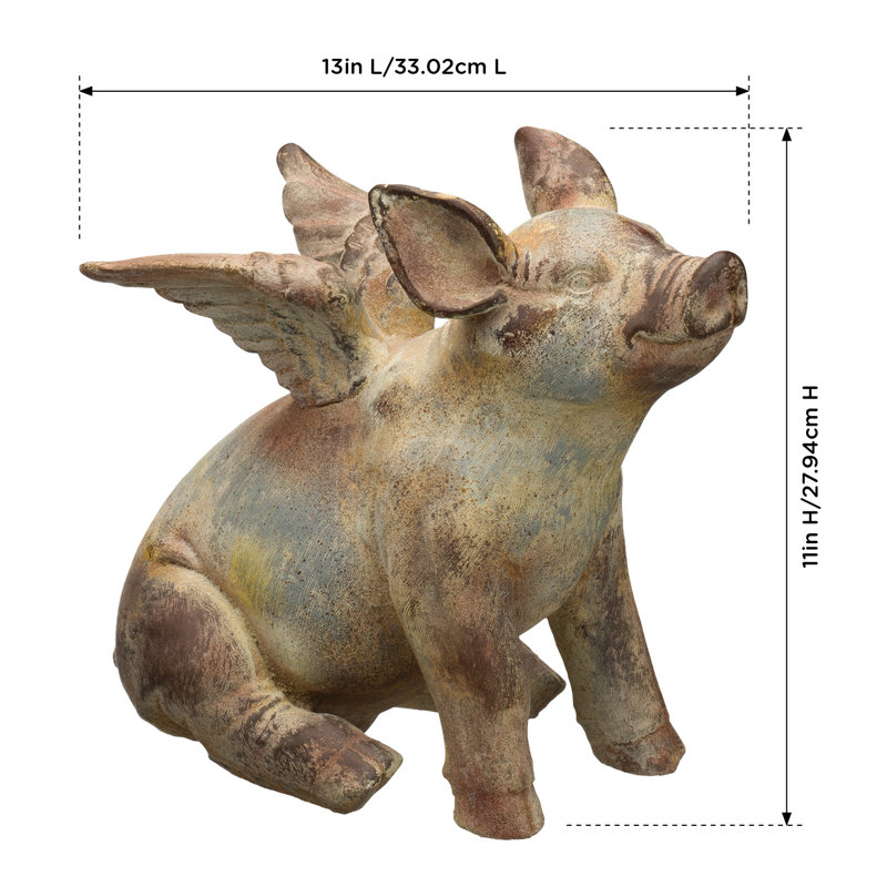 Rustic Brown and Blue Handcrafted Flying Pig Statue 11"