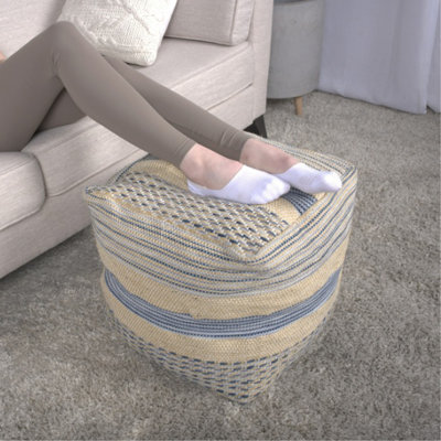 Pouf en tissu artisanal de style western, beige et bleu