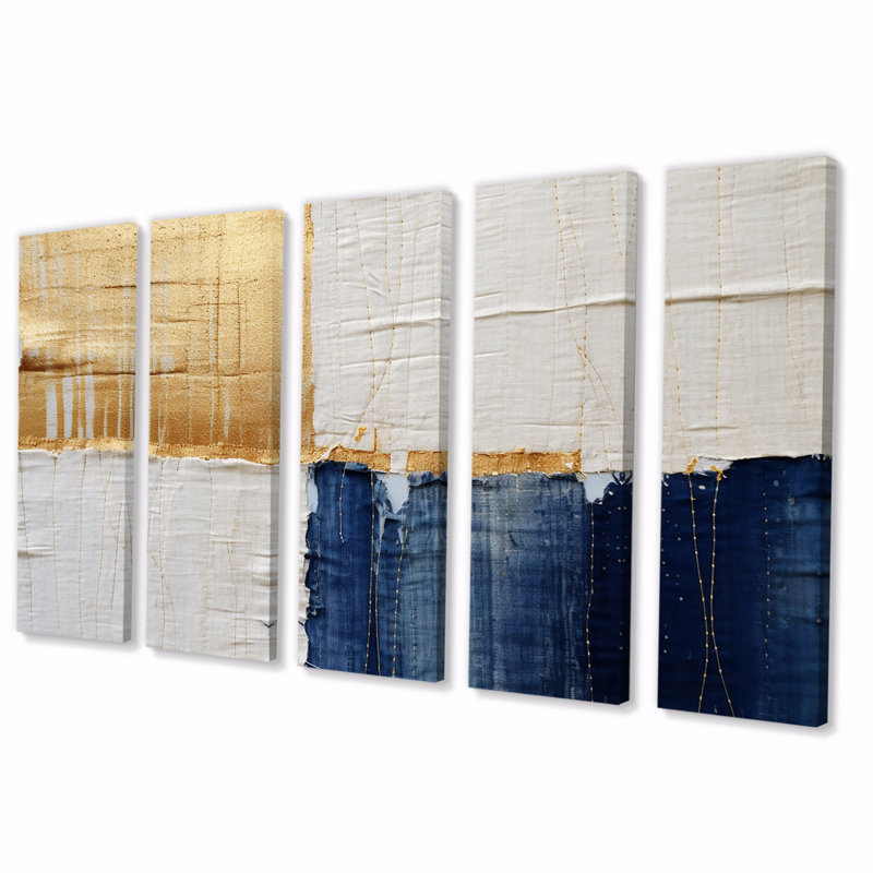 A Touch of Gold and Kings Blue - Art mural abstrait sur toile - 5 panneaux égaux