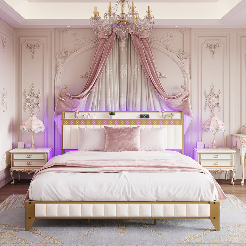 Marinda King LED Bed Frame, Charging Station, Soft Storage Headboard, Gold Platform Bed Frame, Or/beige, Très grand