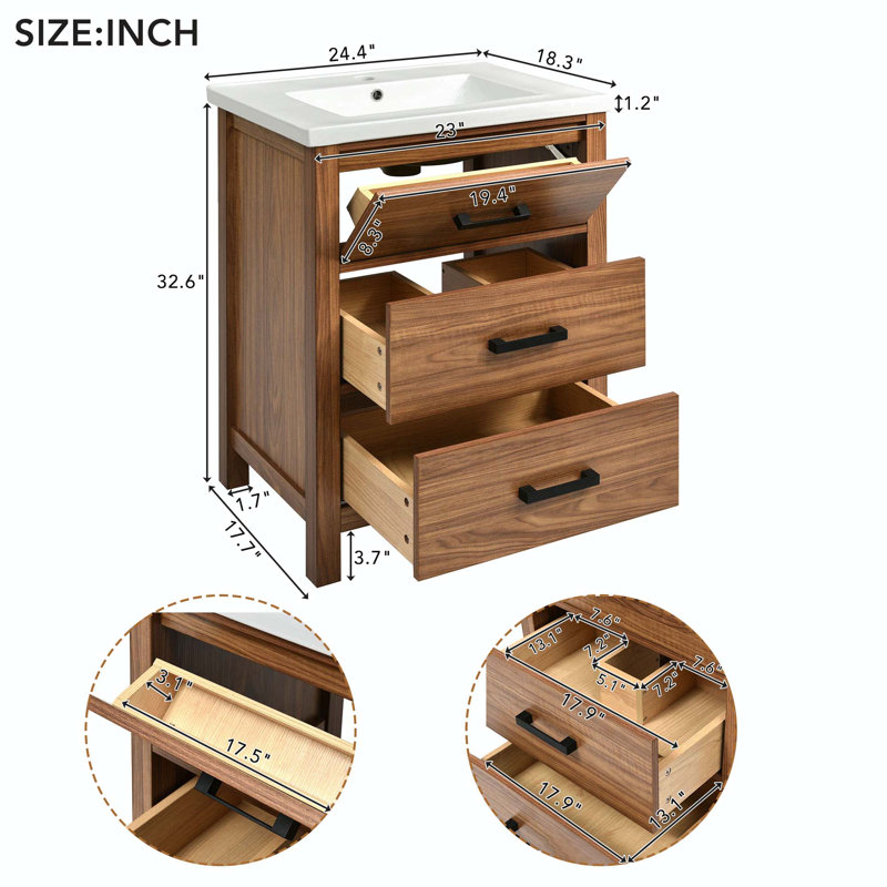 Meuble-lavabo moderne de 24 po avec lavabo en céramique | 3 tiroirs spacieux pour le rangement | Meuble-lavabo sur pied simple | Assemblage facile pour la salle de bain