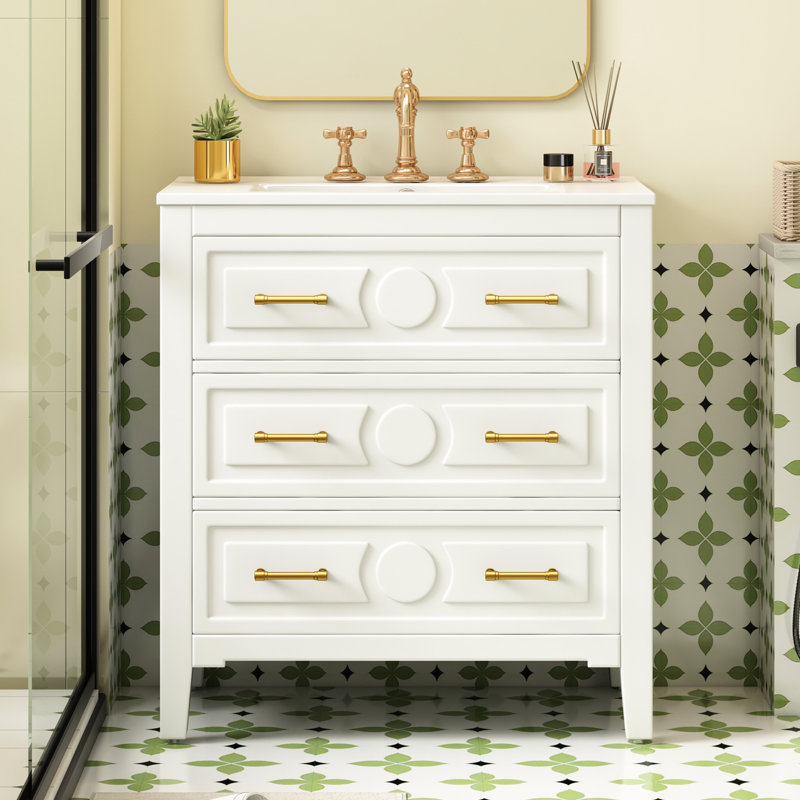 30'' Retro Bathroom Vanity In White, Featuring Solid Wood Structure, Ceramic Sink, And Ample Storage Space Style White , Including Sink Adjustable Soft - Close Hinges