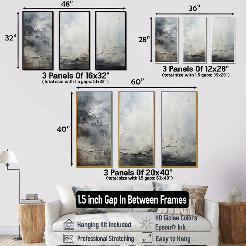 «Gray and White Stone River II», reproduction d'art abstrait mural, H 28 po x l 36 po x P 1 po, Cadre flottant noir