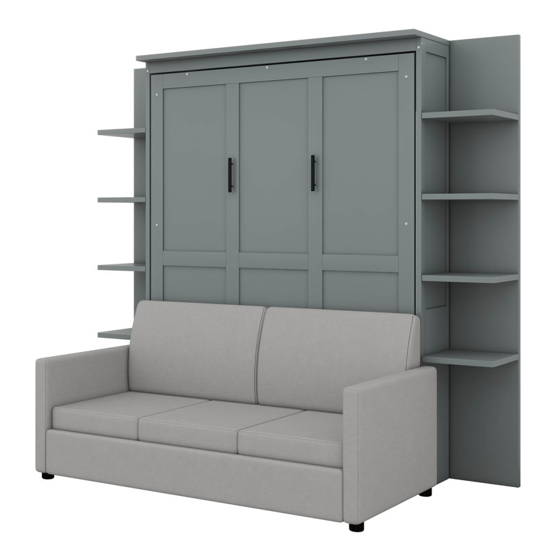Lit escamotable moderne avec lit escamotable et cadre de lit plateforme pliable avec tablettes, gris