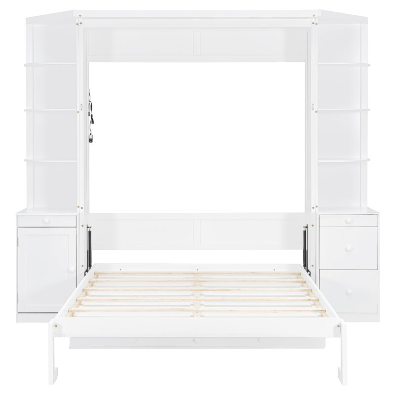 Grand lit escamotable avec bureau, tablettes et armoires de rangement, lit escamotable pour bureau à domicile peu encombrant, lumières - blanc