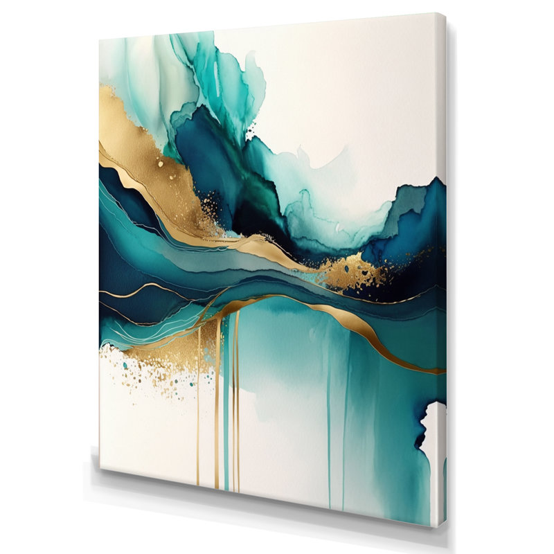 «Teal and Gold Abstract Expression II», art abstrait à l'encre liquide, H 32 po x l 24 po, Toile tendue, Sans cadre