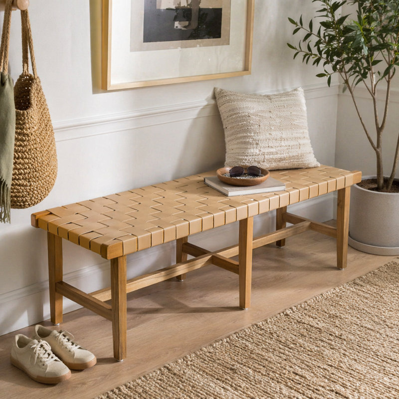 Banc de chambre en bois d'acacia avec siège en similicuir tissé
