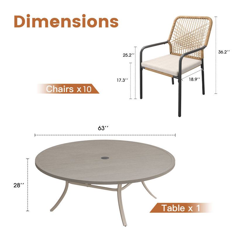 10-Person Patio Dining Set with 63" Round Dining Table and Cushioned Stackable Rattan Chairs, Brush Wood Gray