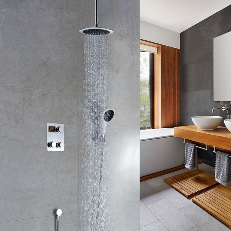 Système de douche de pluie numérique à fixation au plafond Juno, robinet mural thermostatique rond