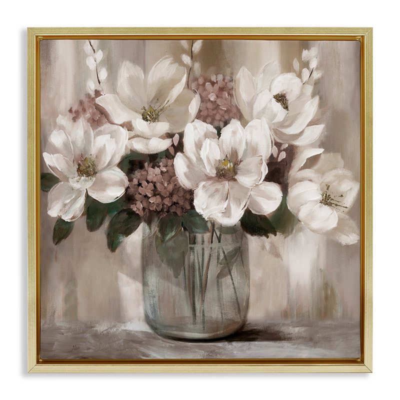 Cadre flottant ivoire Magnolias, design par Nan, Cadre flottant métallique doré, H 18 po x l 18 po