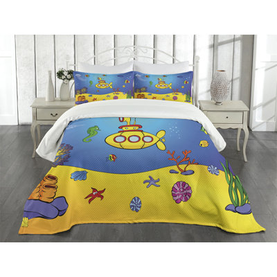 Ambesonne Yellow Submarine Bedspread Set Nautical Blue Yellow
