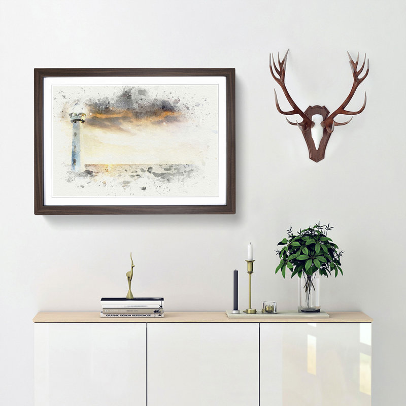 Lighthouse & Seascape Evening Glow in Abstract - Picture Frame Graphic Art Print, Walnut Framed, 36cm H x 48cm W x 2cm D