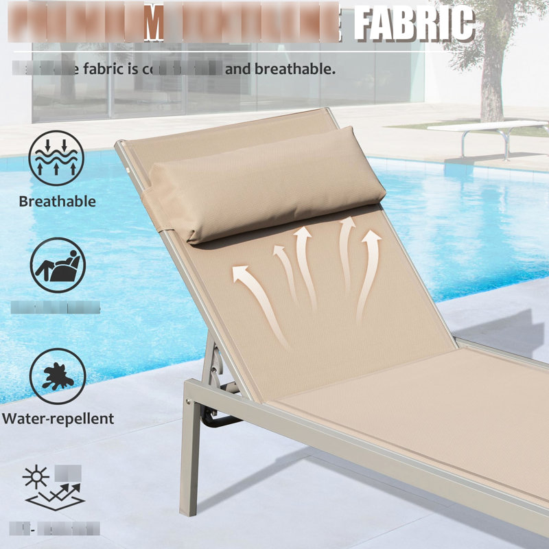 Outdoor Patio Chaise Lounge  3  - Aluminum Pool Chairs With Side Table. Khaki Colored. Deliver Outstanding Comfort Fabric. Strong Frame. 5 Adjustable Positions & . Space Saving Feature. Package