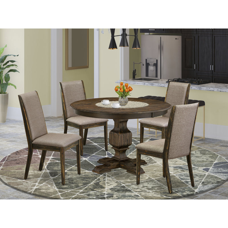 Ensemble de table de salle à manger 5 pièces comprenant une table de cuisine ronde avec piédestal et 4 chaises de salle à manger Parson en tissu kaki foncé