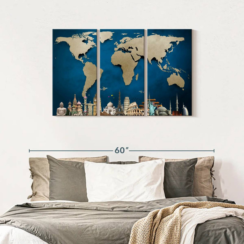 Carte du monde océan bleu 3 pièces, H 28 po x l 45 po x P 1,25 po