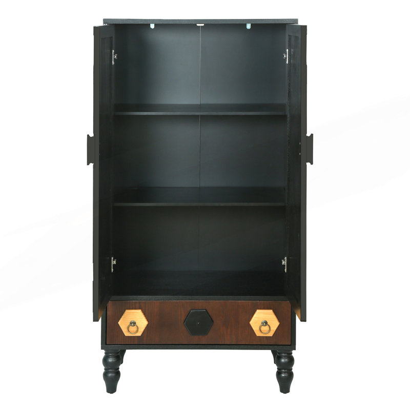 2-Doors Honeycomb Pattern Storage Cabinet With Drawer, Accent Cabinet