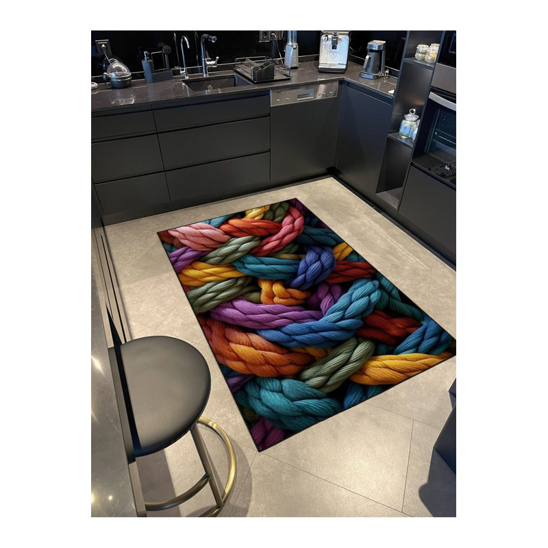 Machine Washable Multicolor Painted Pattern Woven Base Rug, Round 3'3" Rug Pad Included