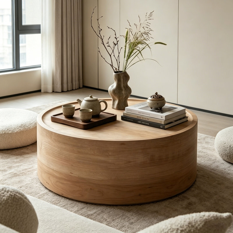 Table basse ronde avec grain de bois naturel pour le salon, conception de cercle cylindrique moderne, aucun assemblage requis