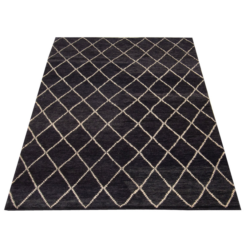 Tapis bleu marine / ivoire marocain en laine noué à la main 5 pi x 8 pi