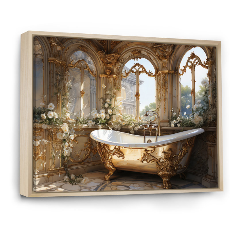 «Bathroom Golden Luxe III» - Art mural encadré pour salle de bain, H 34 po x l 44 po, Reproduction avec cadre flottant