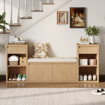 All-In-One Entryway Storage Bench With Cushion Compartments Drawers And Open Shelves For Hallways